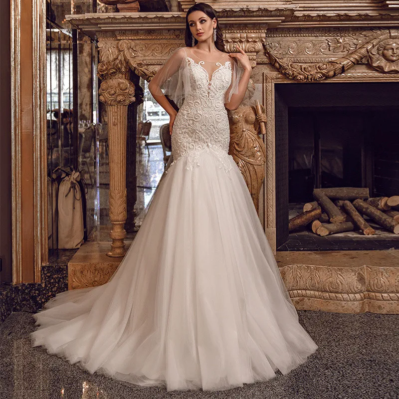 

Retro Mermaid Wedding Dress Lace Appliques Bridal Gowns Custom Made Sheer Neck Sleeveless Embroidery Lace Up Vestido de novia