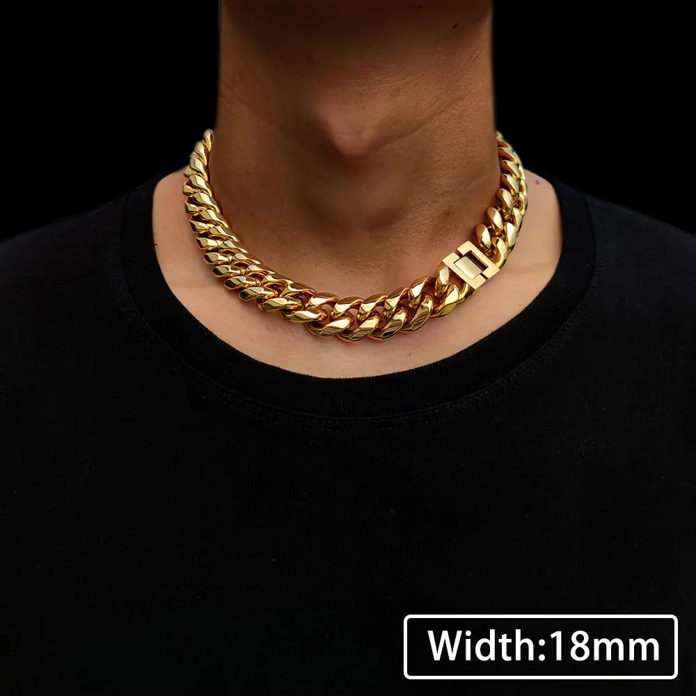 New Hip-Hop 6mm-12mm Curb Cuban Link Chain Gold Color Stainless Steel Necklace For Men and Women Bracelet Suit Fashion Jewelry images - 6