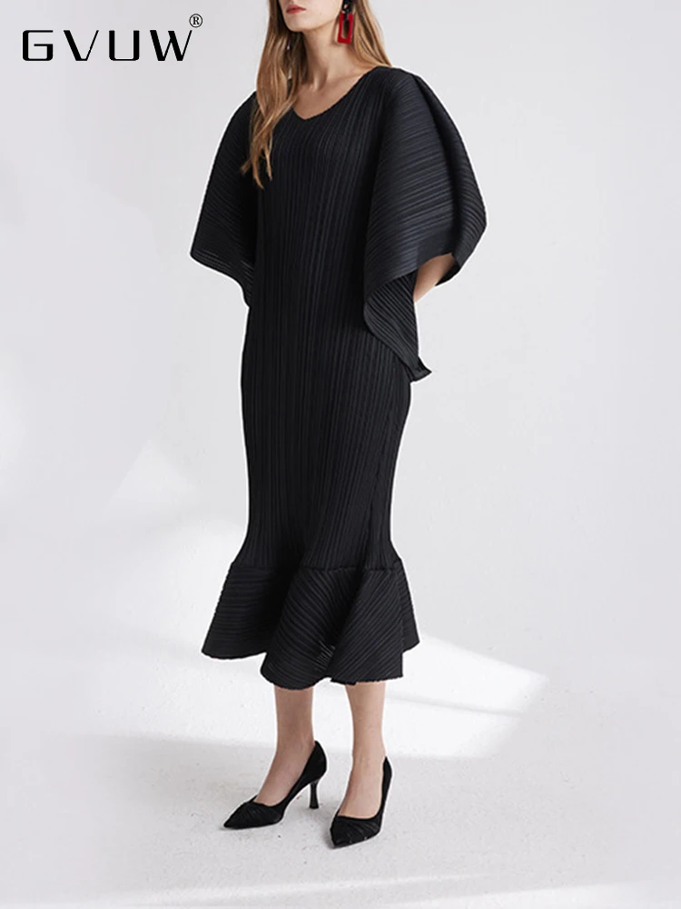 

GVUW Pleated Dress Women's O-neck Casual Loose Flowy Sleeve 2023 Summer Female New Fashion Solid Color Fish Tail Dresses 17J0320