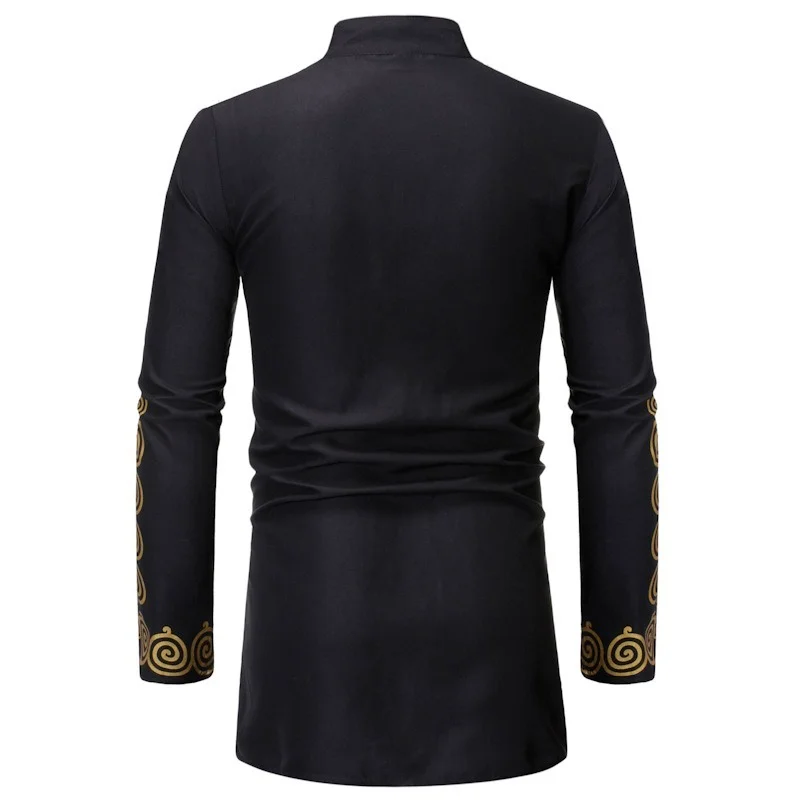 Muslim Men Shirt Islamic Clothes Print Stand Color Tops Kurta National Printed Long Sleeve Shirts Male Folk Hip Hop Streetwear