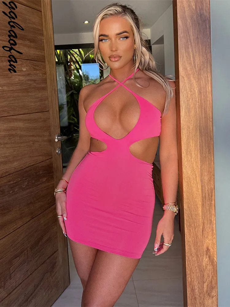 

Сексуальное мини-платье Ggbaofan с вырезом на шее без рукавов для женщин вечерние Клубные праздничные однотонные облегающие платья наряды летн...