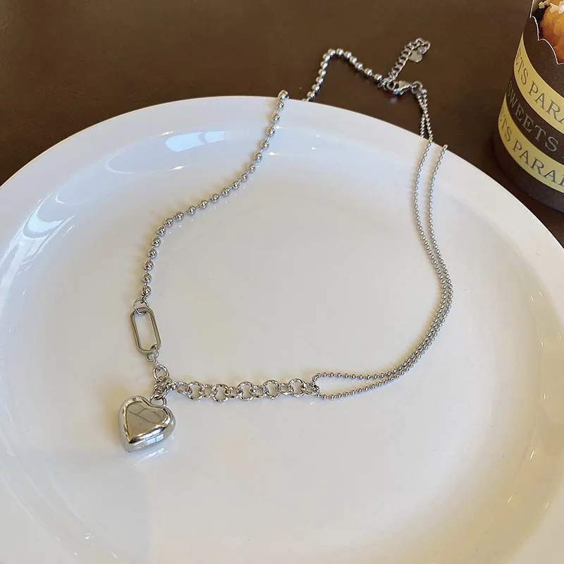 

JX*HY New Hip Hop Long Heart Necklace for Women Three-dimensional Small Love Titanium Steel Sweater Chain Double Chain Jewelry