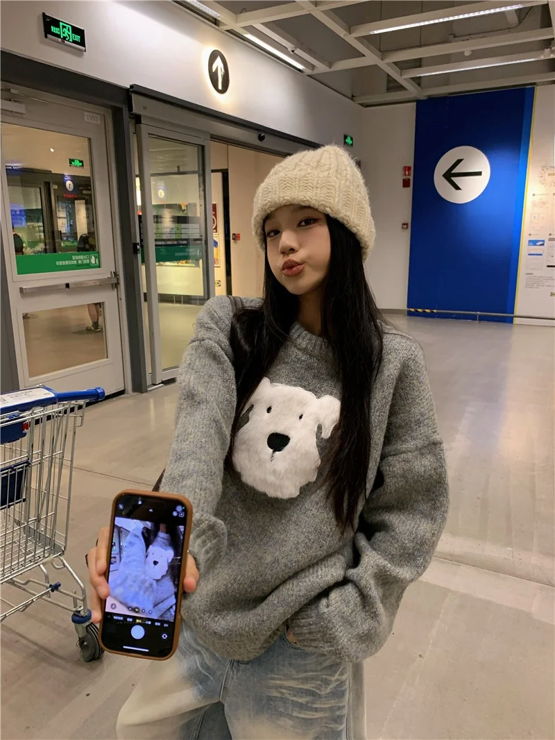 Серый плюшевый свитер с круглым вырезом Pphome Puppy женский осенне-зимний корейской