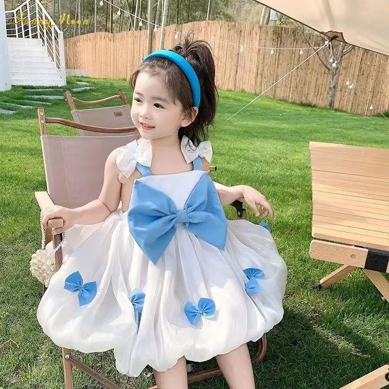 

Fashion baby girl infant toddler child summer small fresh sling western style big bow princess chiffon dress 1-7Y