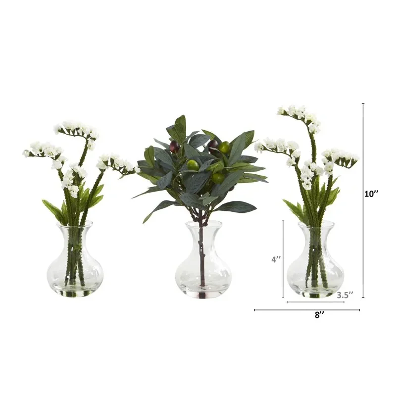 

Vibrant White Vibrant Breath and Olive Artificial Arrangement in Vase (Set of 3), Perfect Marriage of Color and Life