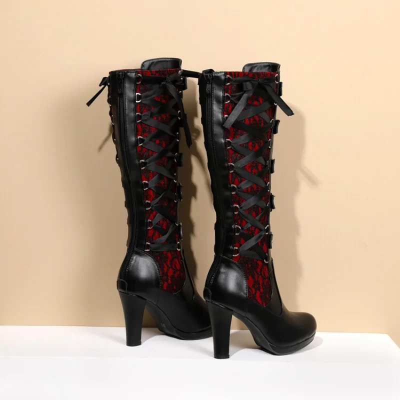 Женские ботинки на платформе со шнуровкой сапоги до середины икры высоком