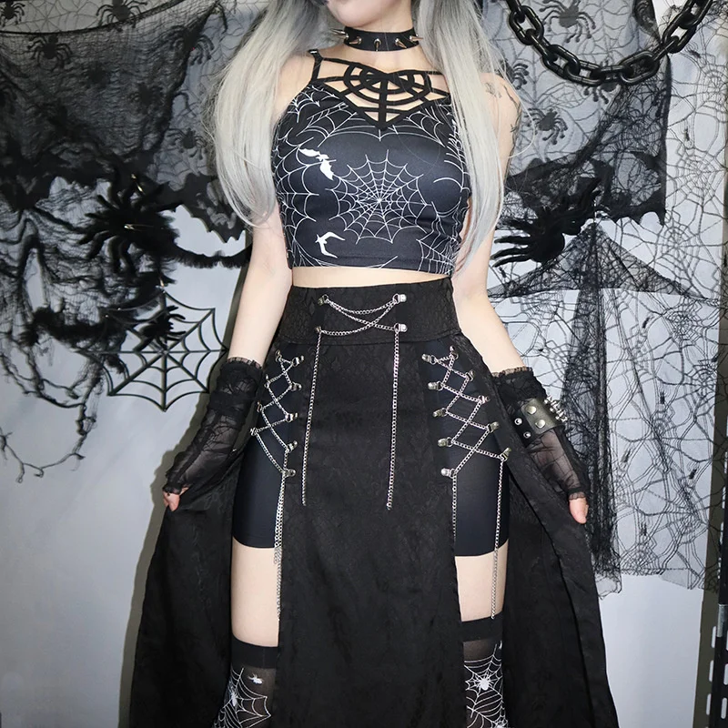 

2022 New Fashion Women Skirt Metal Chain Split Patchwork High Waist Solid Color Gothic Style Sexy Ladies A-line Dress For Summer