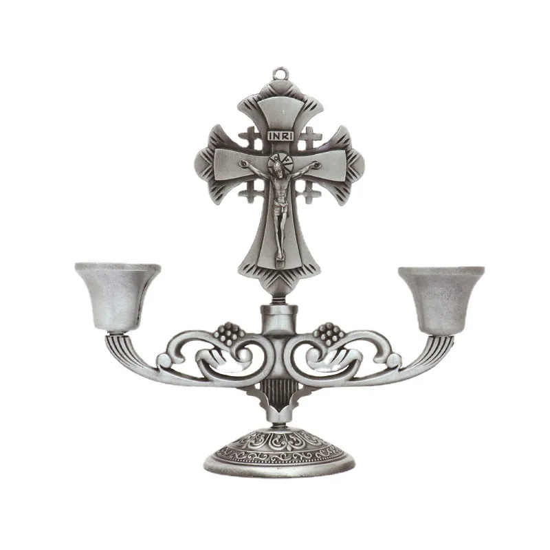 

Jesus Cross Candle Holder Retro Religious Christ Metal Candlestick Ornament Home Decor Church Utensils