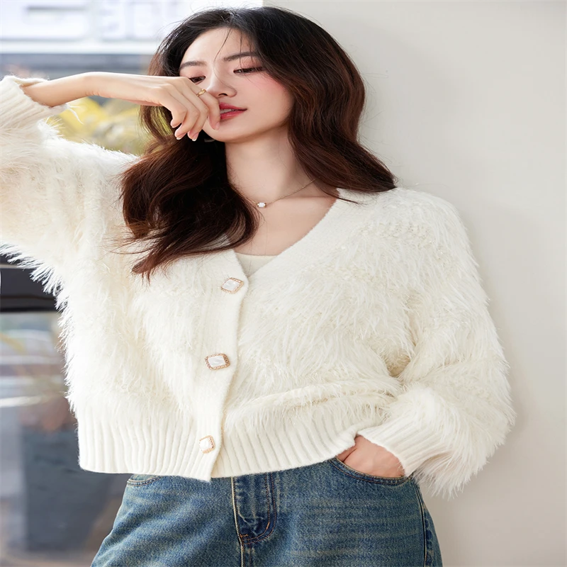 Осенне-зимний модный вязаный кардиган с v-образным вырезом женский ленивый стиль