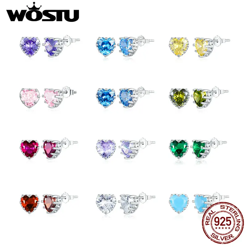 WOSTU 925 пробы серебряные серьги с камнем на день рождения в форме сердца циркониевые серьги-гвоздики для Wowem подарок на день рождения хорошее ювелирное изделие