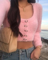korean long sleeve solid cardigan early spring sweet girl pink furry low round neck knitted short sweater coat 2021 new womens