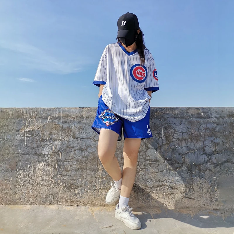 

Summer Striped Embroidery Baseball Plus Size Women Men T Shirt Hip Hop Short Sleeve Shirts Casual Uniform Streetwear