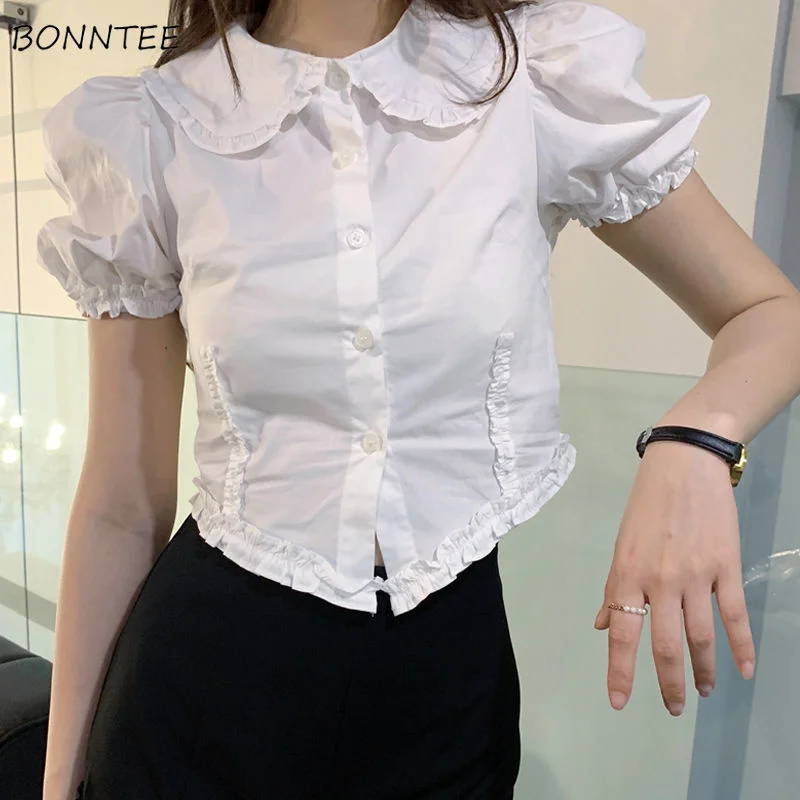 

Shirts Women Crops Preppy Style All-match Summer Peter Pan Collar Sweet Girls Chic Cozy Female Leisure Korean New Arrival Slim