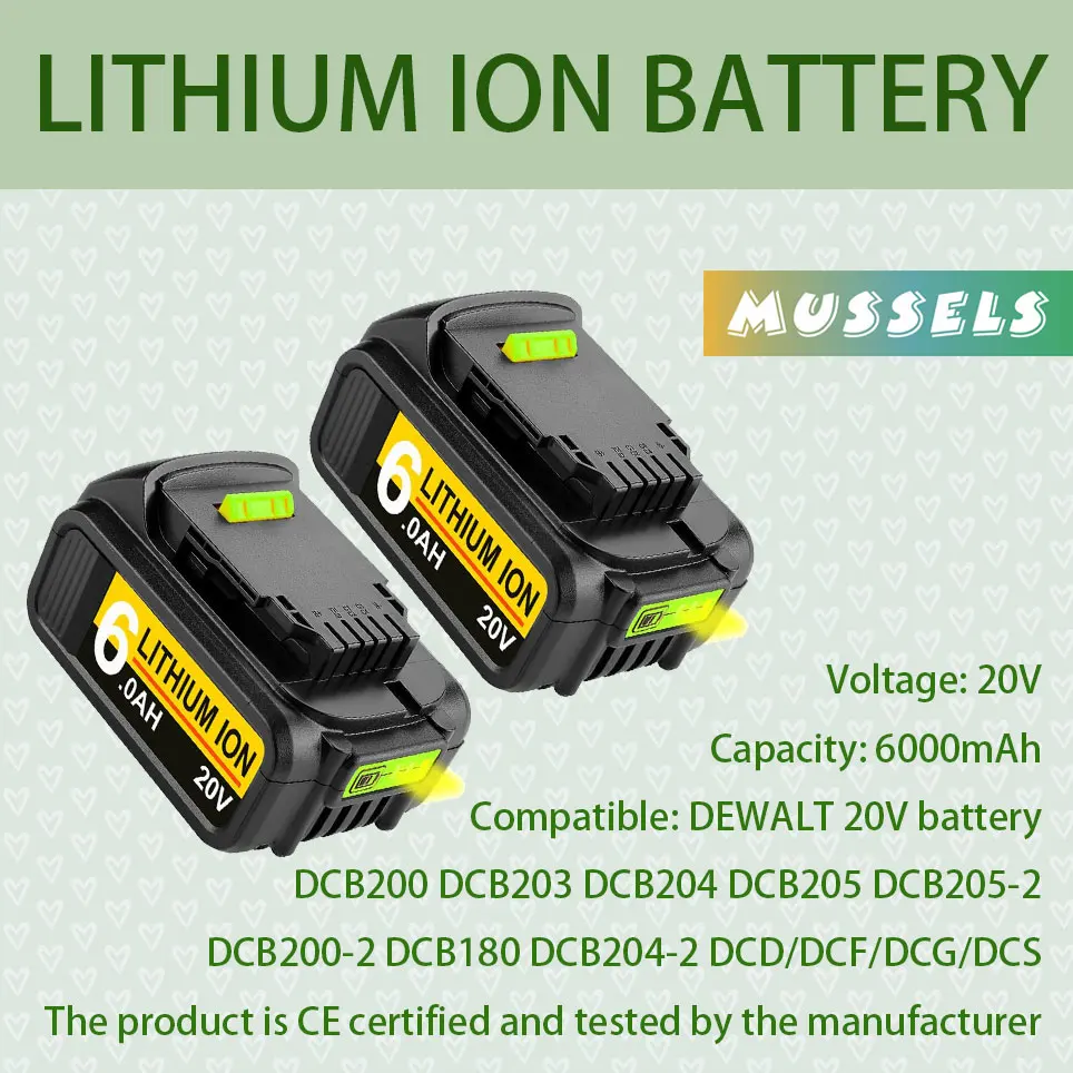 

Batteryreplacement parts are suitablefor Dewalt 20Vlithium battery XR DCB204 DCB206 DCB205-2 DCB201 20V DCD/DCF/DCG series