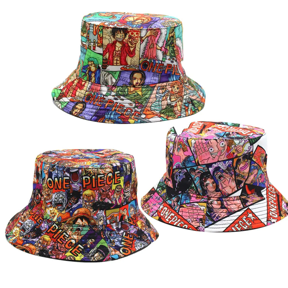 

Anime One Piece Hat Luffy Zoro Nami Chopper Sanji Adult Unisex Bucket Caps Fisherman Summer Sun Hats Cosplay Cap