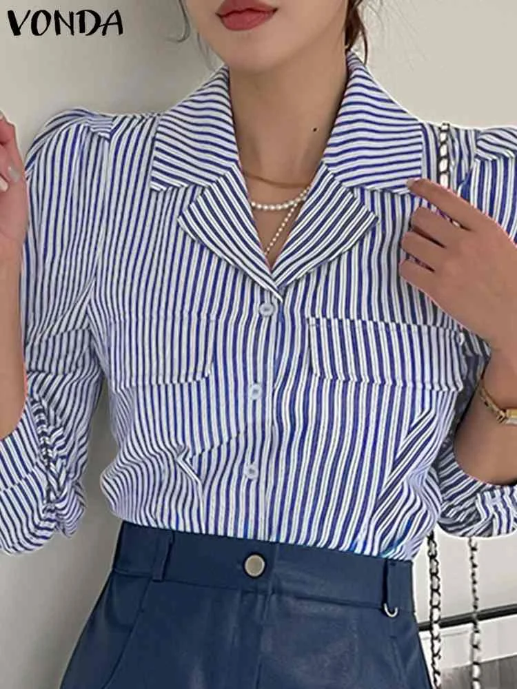 

Women Summer Shirts VONDA Elegant Striped Printed Blouses 2023 Fashion Tops Long Sleeve Casual Buttons Lapel Blusas Femininas