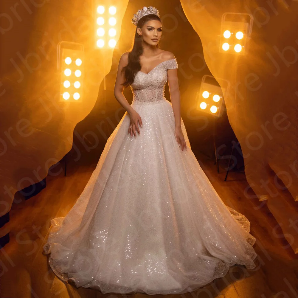 

New Sparkling Wedding Dresses Princess Off Shoulder Sleeve Bridal Gowns Strapless Bride Dresses Beading Top 2022 On Sale