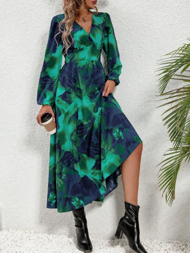 Модное зеленое платье макси с v-образным вырезом и длинными рукавами женское