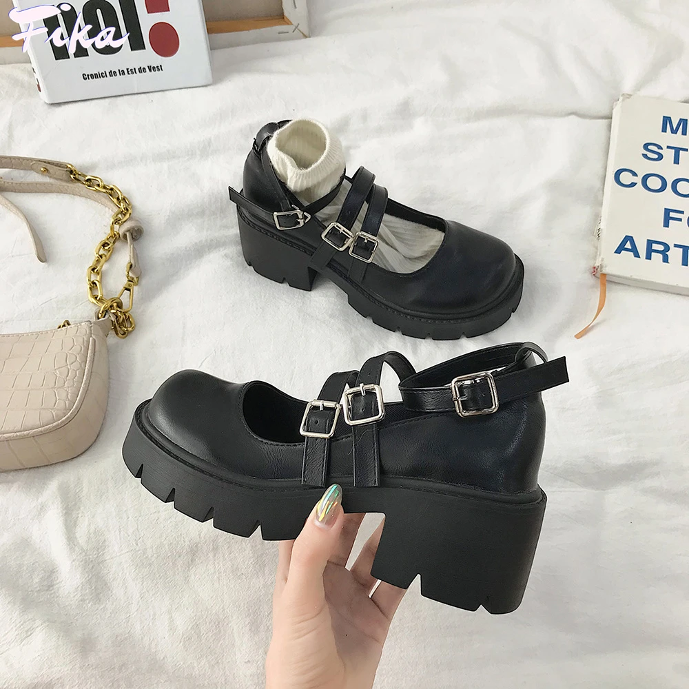 

Platform Lolita Shoes Japanese Style Women Soft Leather Heel Shoes 2021 Ladies College Student Black Mary Jane Shoes Goth Punk