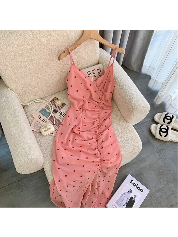 

Long Dresses 2022 Summer Women French Fashion Causal Polka Dot Sleeveless Pleated Elastic Sexy Slit V-Neck Beach Pink Vestidos