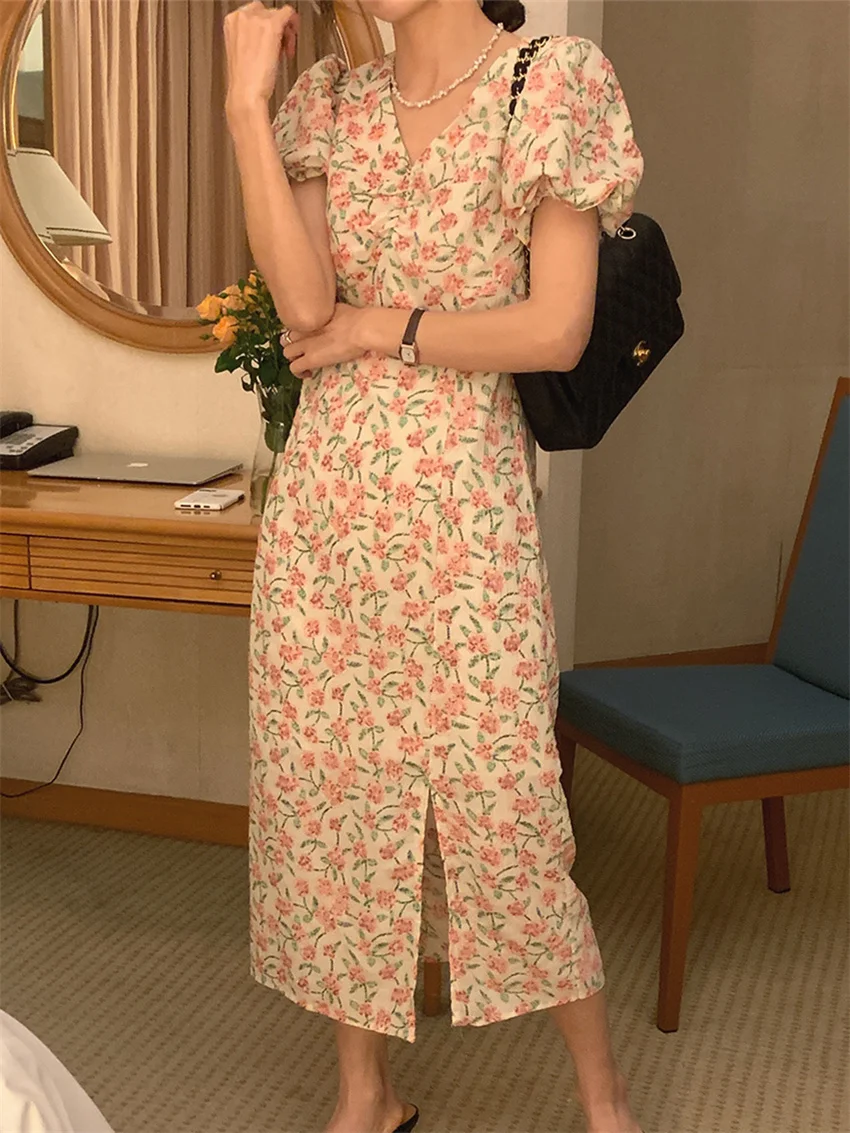 

Alien Kitty Florals V-Neck Elegant Dress Slim Summer Women Printed 2022 Sweet New Chic High Street Vintage Office Lady Casual