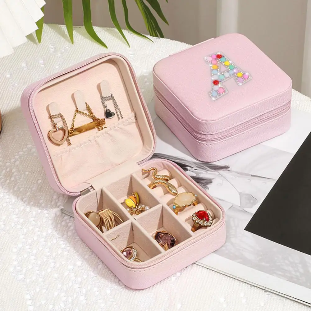 

Jewellery Box With Lid Compartment Design Rhinestone Alphabet Faux Leather Bedroom Earrings Necklace Ring Jewelry Storage Case