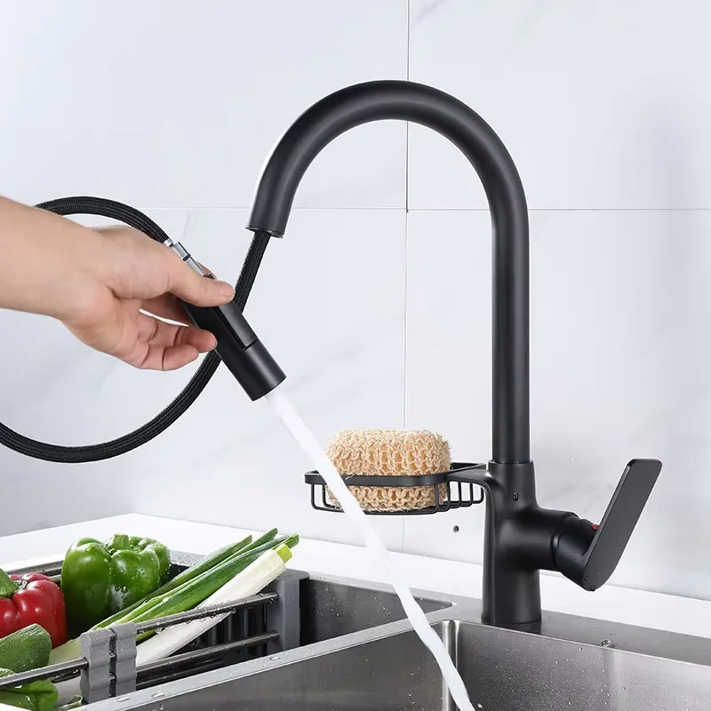 Матовый черный/хромированный кухонный смеситель выдвижной с вращением на 360°