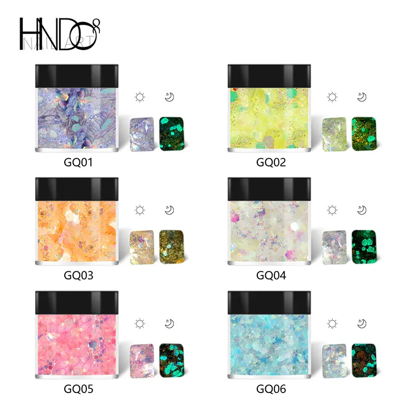 

HNDO 6 цветов, фосфоресцирующий порошок для ногтей, смешанные шестиугольные хлопья, светящиеся блестки, блестящий дизайн, светящийся пигментн...