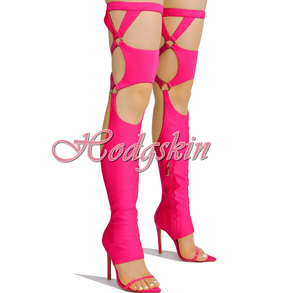 Босоножки с вырезами и открытым носком однотонные Сапоги выше колена на шпильке