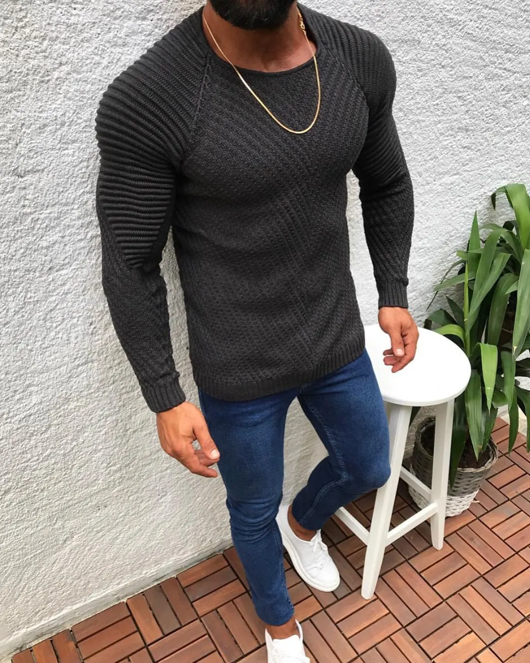 Men Fashion Knitted Pullover Male Solid Color O-neck Striped Long Sleeve Sweater Spring Winter Slim Fit Casual Sweater