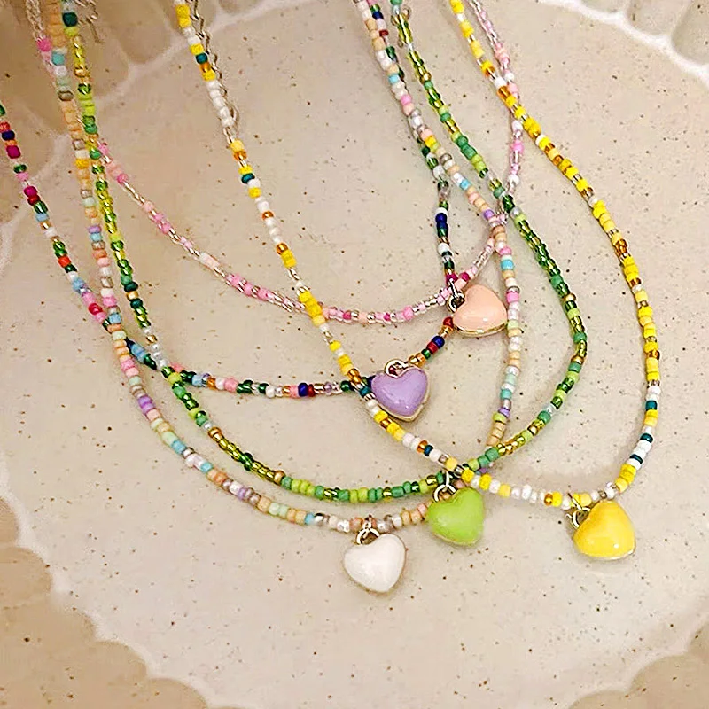 

1PC Women Chain Pendant Weave Beaded Necklace Alloy Sweet Colorful Beach Jewelry New Necklace Gift