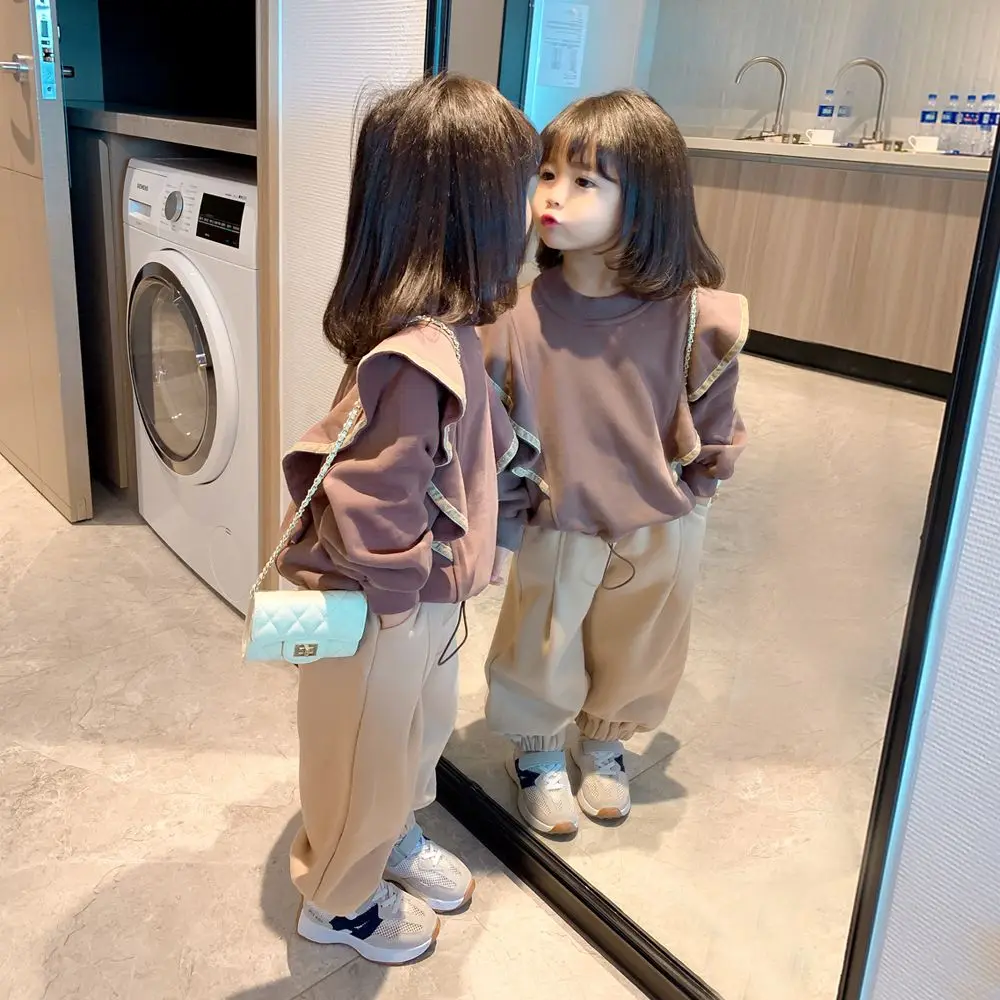 

Детская эксклюзивная одежда, комплект из 2 предметов для маленьких девочек, однотонная толстовка, повседневные брюки, Универсальная Мода, осень 2023, новинка, с длинным рукавом