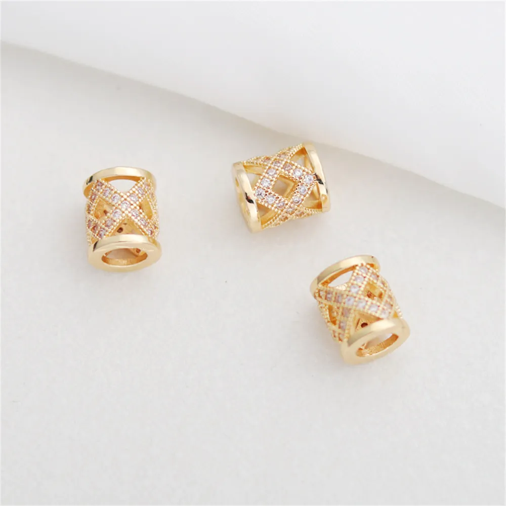 

14K Gold Plated Brass Barrel Beads with Large Holes Hollow Beads Inlaid with Zircon Diy Handmade Necklace Bracelet Accessories