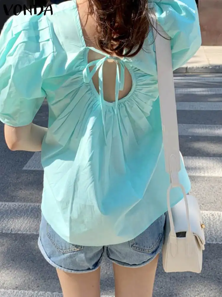 

Backless Tops Women Short Sleeve Shirts VONDA 2022 Sexy Crew Neck Blouse Casual Baggy Solid Color Pleated Tops Blusas Femininas