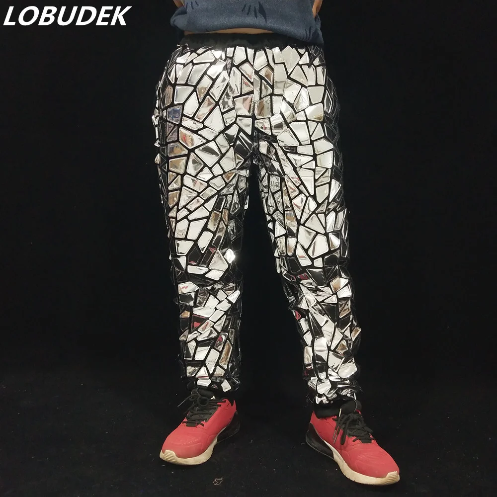 Men's Glitter Silver Laser Mirror Casual Pants Hip Hop Dancer Stage Performance Shiny Trousers Bar Singer Elastic Harem Pants