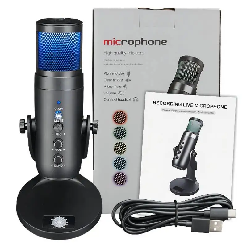 

USB Condenser Microphone Tabletop Desktop RGB Microphone with Stand Computer PC Plug & Play Microphone with Colorful Lights Volu