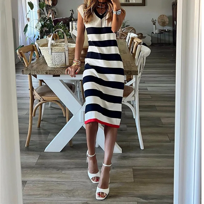 

2023 Spring New Women Casual Fashion Loose V Neck Slit Stripe Dress Women Bohemian Vacation Dress Streetwear Women Dress