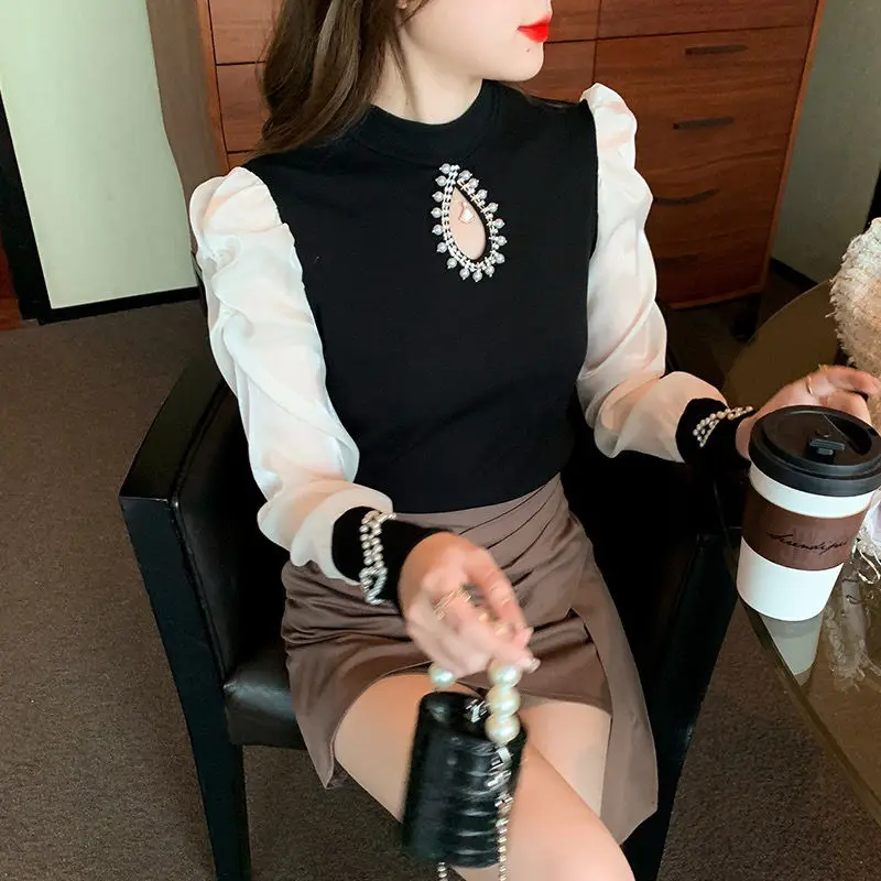 Элегантные блузки с воротником-стойкой и бисером женская одежда новинка 2024 года