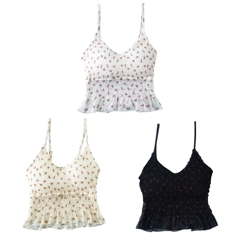 

Женский Привлекательный Топ с цветочной оборкой, V-образным вырезом, баской, оборками на подоле, без рукавов, с открытой спиной, сетчатый обл...