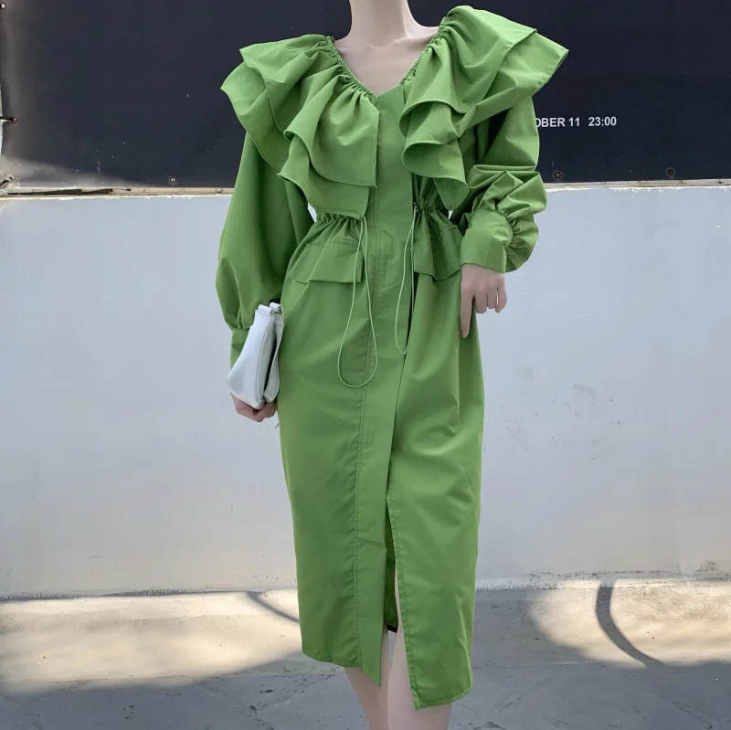 

2022 Spring New Sweet Ruffle V-neck Woman Dress Korean Lantern Sleeve Draw String Slim Waist Vestidos G558
