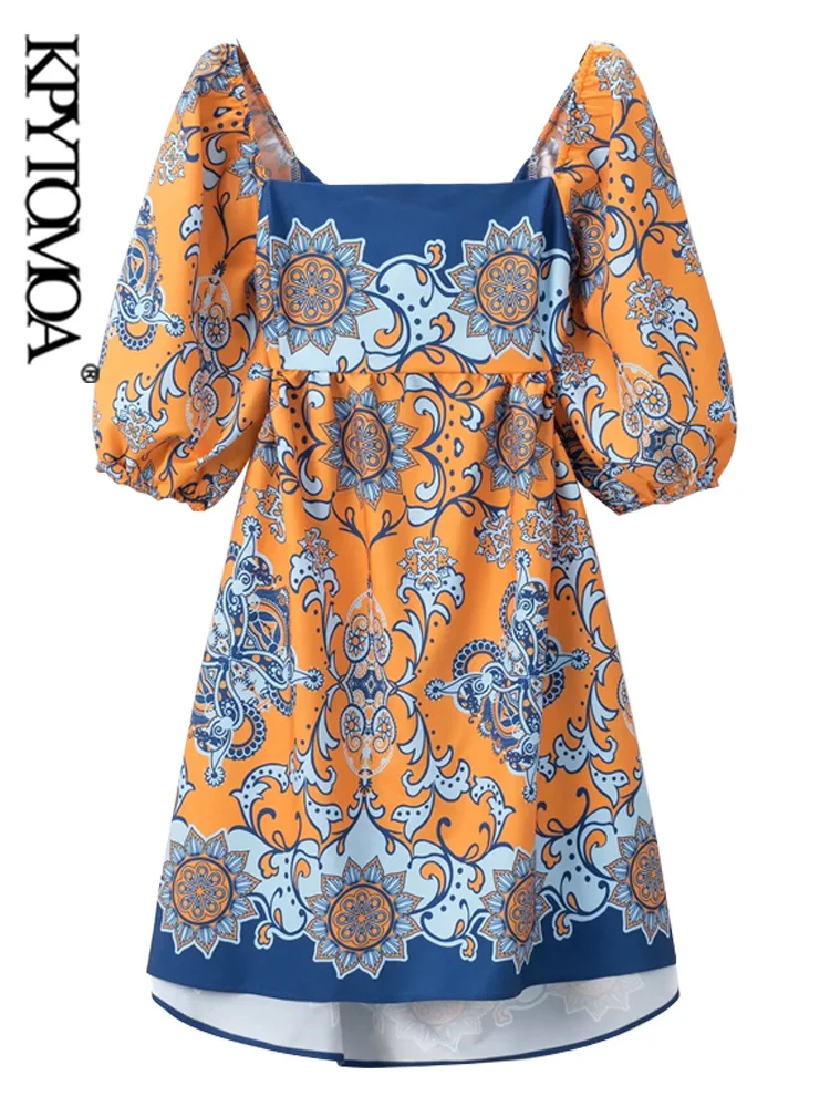 

KPYTOMOA Women Fashion With Bow Tied Totem Print Mini Dress Vintage Short Sleeve Backless Female Dresses Vestidos Mujer