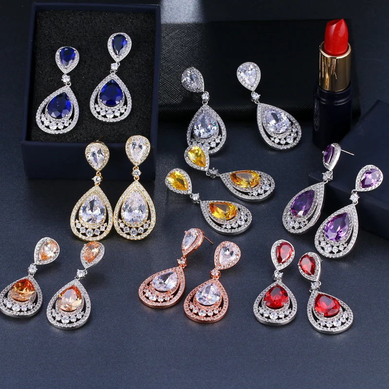

GMGYQ 8 Color Options Luxury Fashion Design Long Water Drop Crystal Zirconia Earring Bridal Wedding Jewelry for Women Wholesale