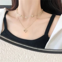 charm gold color double layer heart necklace for woman luxury shining rhinestone pendant clavicle chain elegant wedding jewelry