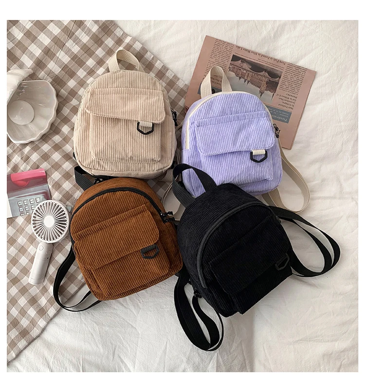 High Quality Fashion Women Mini Backpack Solid Color Corduroy Small Backpacks Simple Casual Traveling Backpacks Student Bookbags