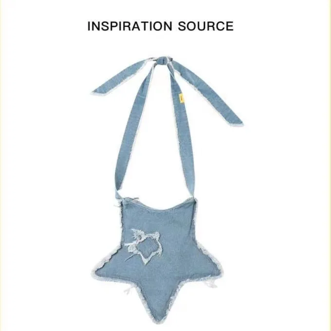 Star Denim Bag Damaged Brushed American Washed Cross Shoulder Multi functional Star Bag Shoulder Bags Messenger Bags