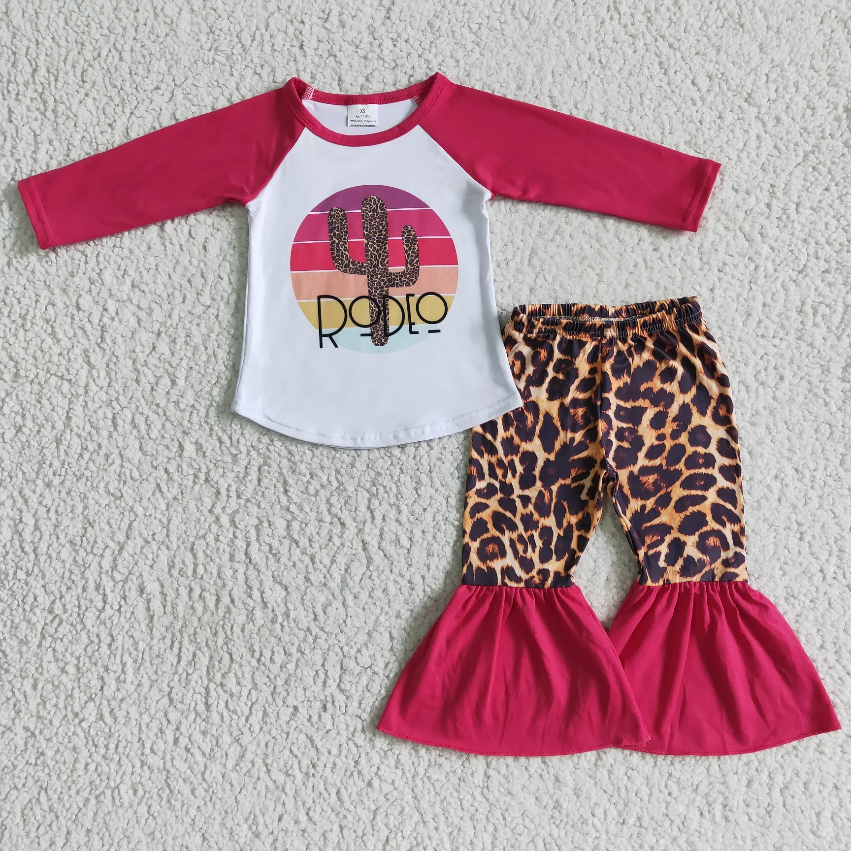 

Фабричная поставка, нет минимального заказа, ярко-розовая рубашка, Детские леопардовые штаны с колокольчиками, детская одежда для девочек в западном стиле