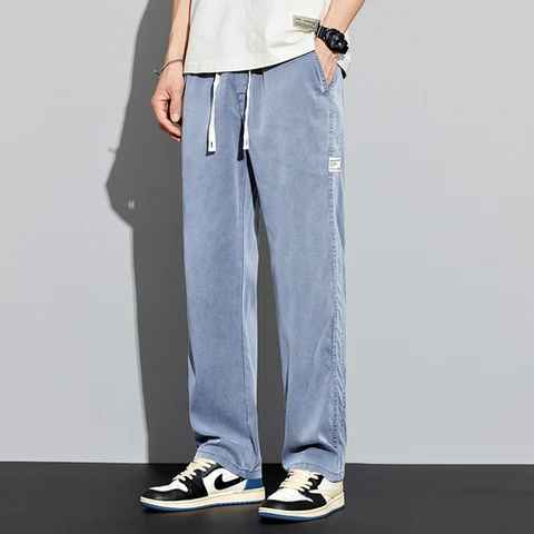 Легкие летние мягкие мужские джинсы с лиоцеллом, тонкие свободные прямые брюки с эластичной резинкой на талии, корейские повседневные брюки