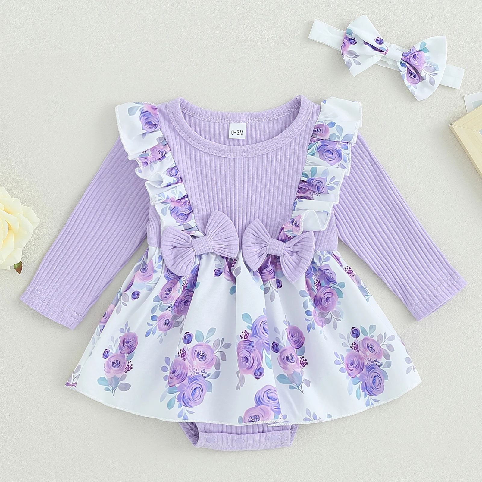

BeQeuewll Infant Girl Rompers Dress Rib Knit Floral Print Skirt Hem Jumpsuits Newborn Clothes Baby Bodysuits with Headband
