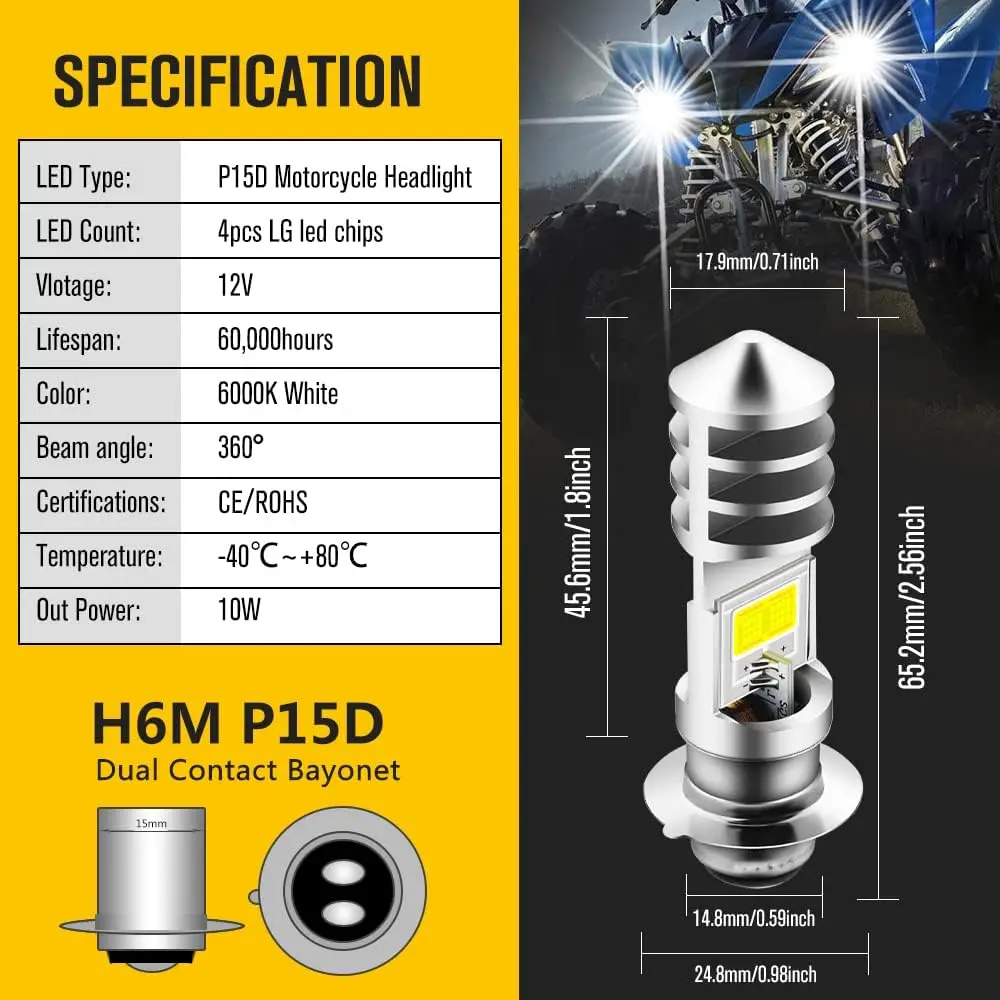 Фото 2xH6M ATVS YFM350 400 450 660 700 Raptor Светодиодная фара, светодиодная лампа H6M P15D, для мотоцикла/ATV/UTV, 6000K, IP68, подключай и используй. №5