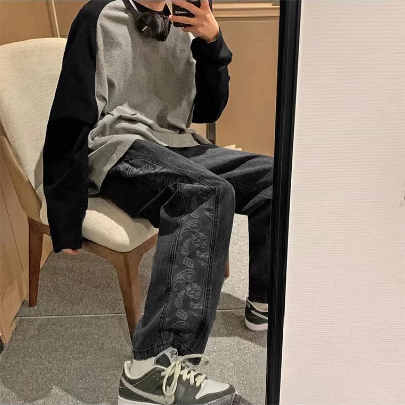 DEEPTOWN Print Straight Jeans Men Streetwear Hip Hop Denim Pants Black Blue Trousers Male Jogger Loose Casual Janpanese Spring